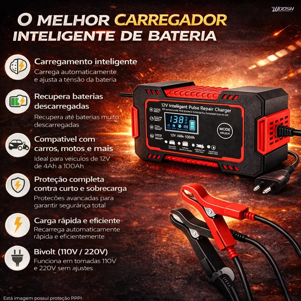 Carregador Inteligente De Bateria Automotiva 12v Woosh - vista lateral - foto 2 de 4