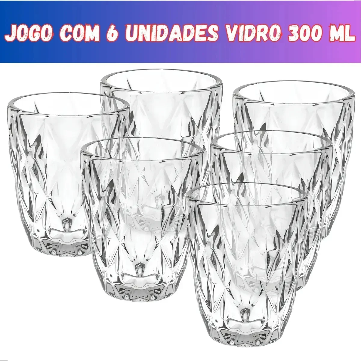 Jogo 6 Copos Vidro Diamante Grosso Resistente Agua 300ml Branco Ms Variedades - Ms Variedades E Utilidades Kit 6 Copos