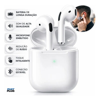Fone De Ouvido Bluetooth Sem Fio Bateria de Longa Duração Pro 4 Branco Conecta Rápido Fast Plug Com Case Carregador E Microfone