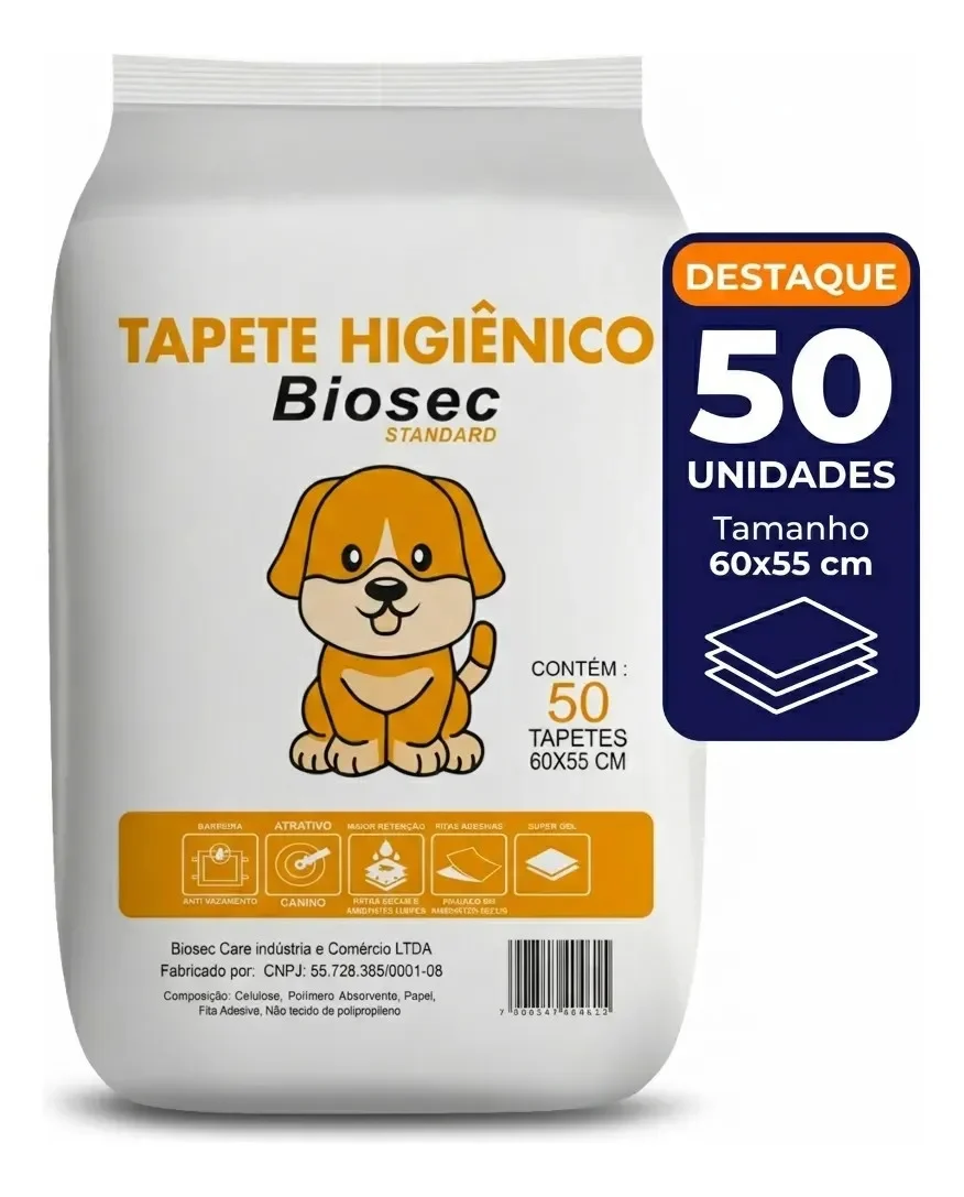 Tapete Higiênico para Cachorro 50 Unidades 60x55cm com Gel Absorvente Fralda Manta Pet Cão - Biosec Standard Branco