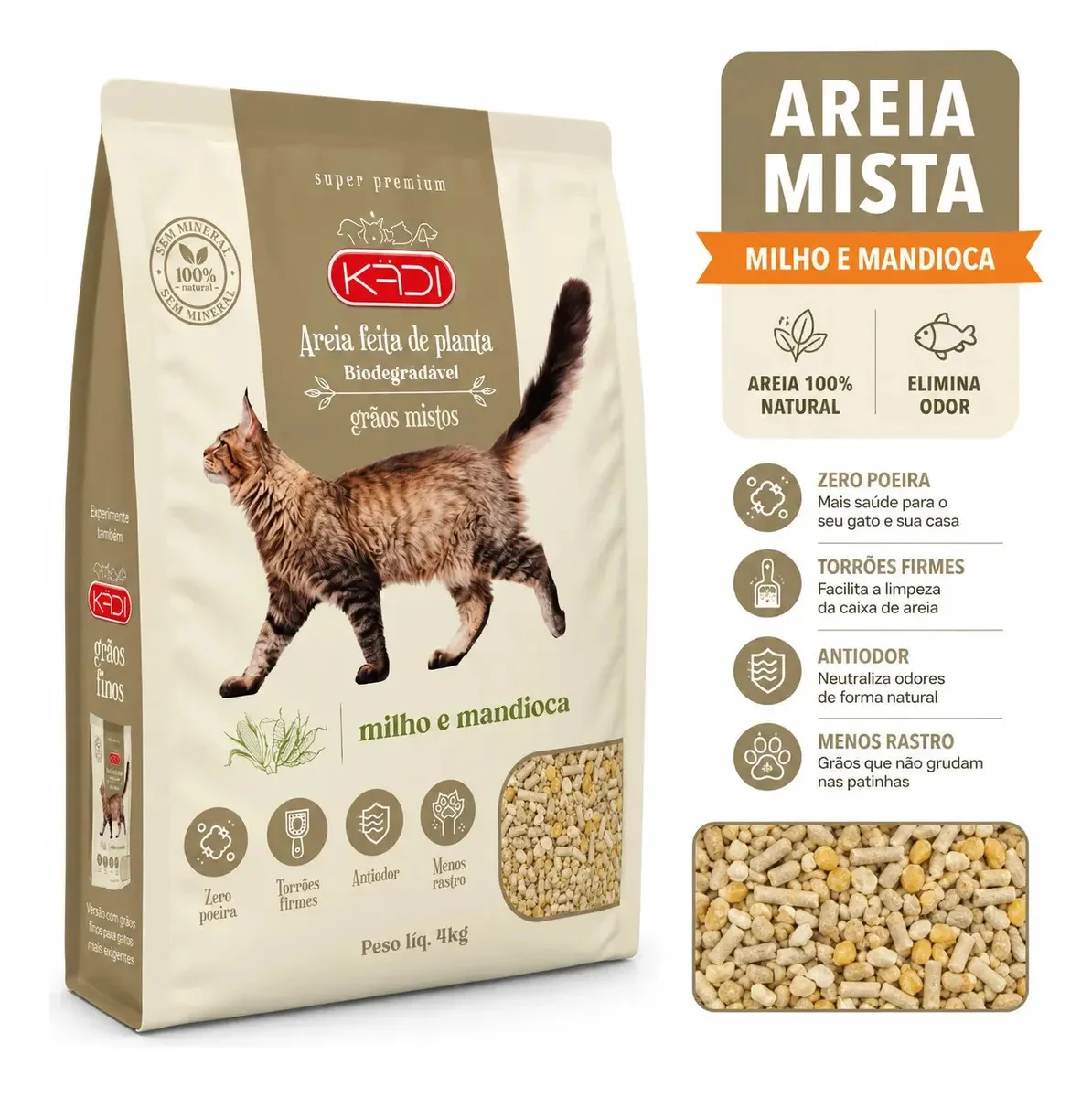 Areia Sanitária Gatos Milho Mandioca Kadi - outro ângulo - foto 4 de 6