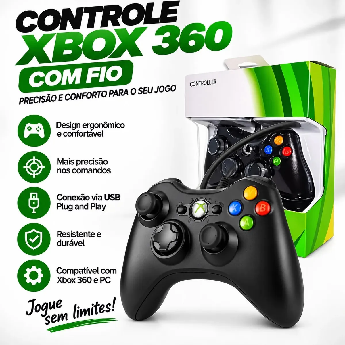 Controle Para Xbox 360 Com Fio Joystick Manete Gamepass Steam Tv Pc Android - Crowley - 110 Preto