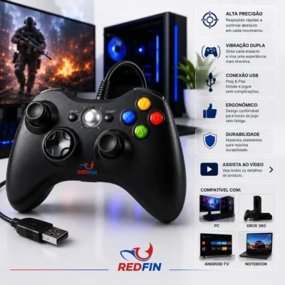 Controle Para Xbox 360 Com Fio USB Joystick Manete Gamepad Controle PC Gamer Para Computador Windows Steam Game Pass Android Gamepass TV Vibração Analógico Ergonômico Plug And Play Redfin