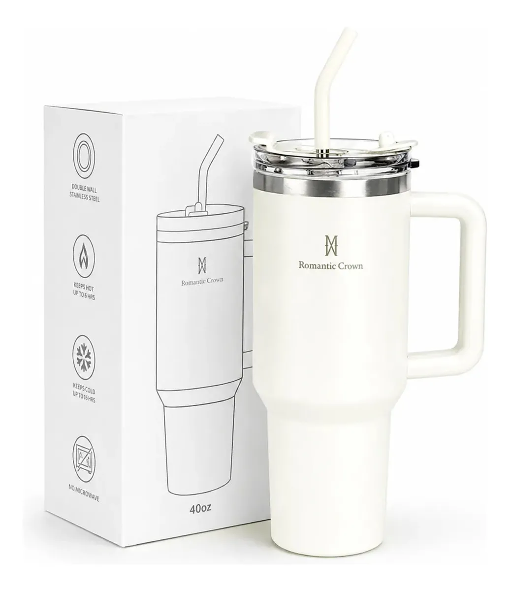 Copo Térmico Gigante 1,2l Inox Com Tampa E Inox Canudo Cor Branco Cor Pura / Material - Romantic Crown