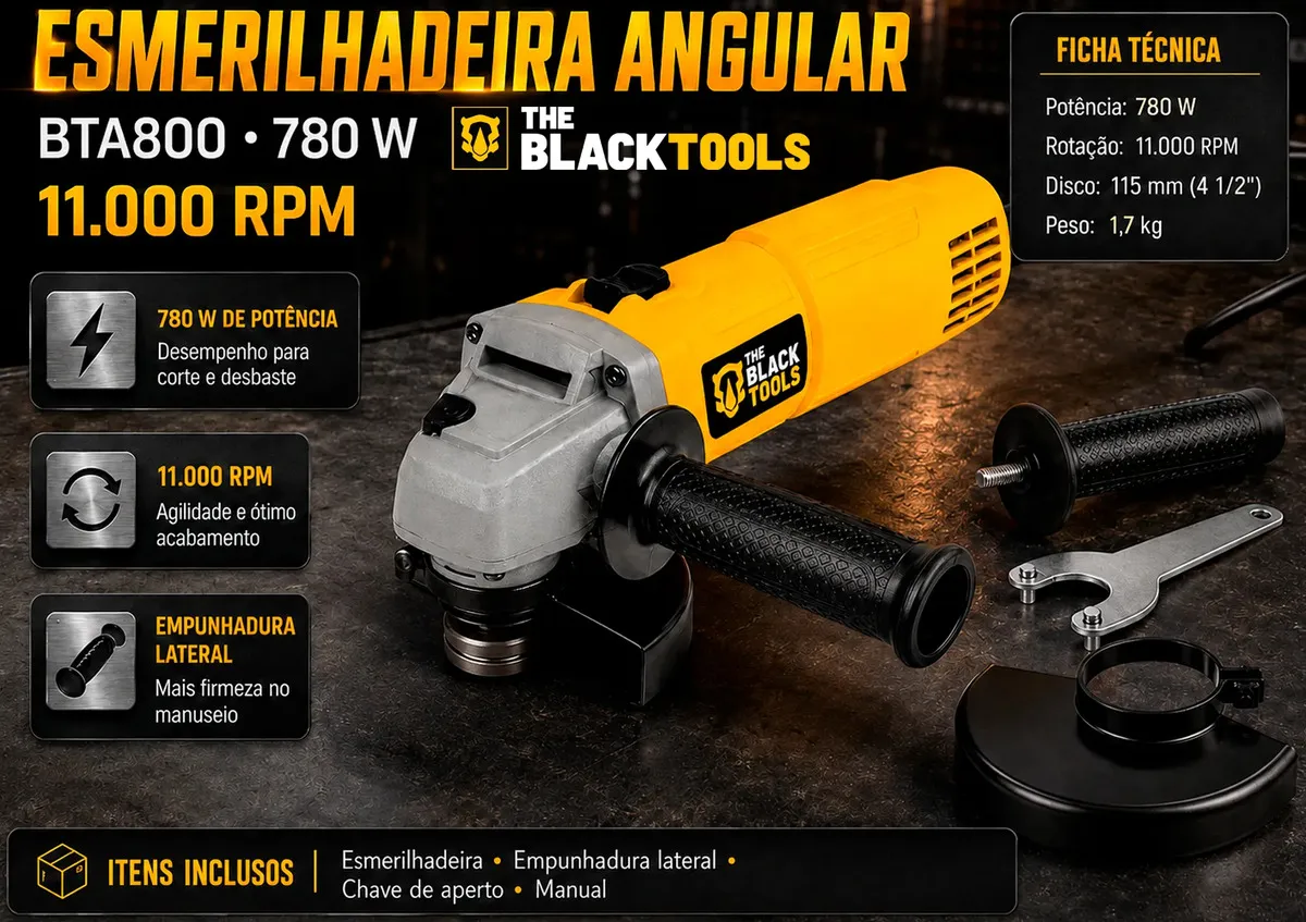 Esmerilhadeira Lixadeira Angular 780w 115mm 4.1/2 The Black Tools - detalhes - foto 3 de 6