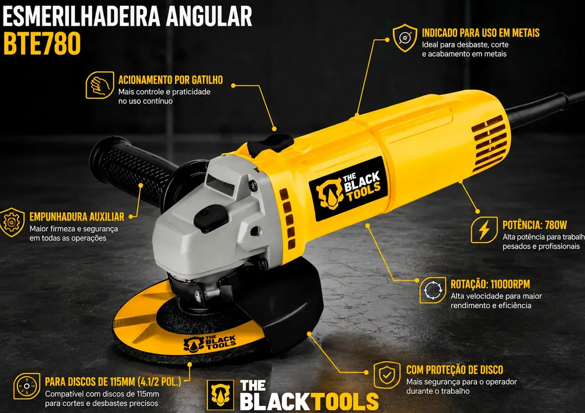 Esmerilhadeira Lixadeira Angular 780w 115mm 4.1/2 The Black Tools - outro ângulo - foto 4 de 6