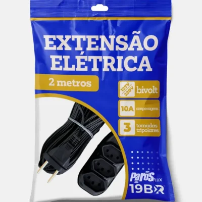 Extensão Elétrica 2 Metros com 3 Tomadas Bivolt Preta Parosflux