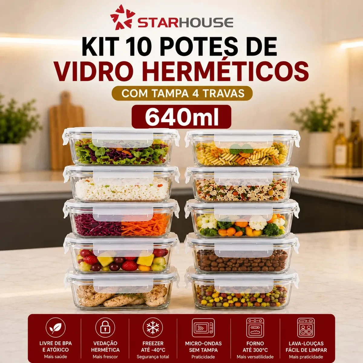 Kit 10 Potes Herméticos Vidro 640ml Starhouse Marmita Forno Micro-ondas Airfryer com 4 - Pote hermético vidro Azul