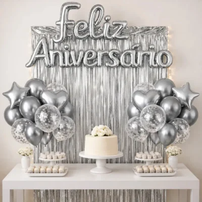 Kit Balão Feliz Aniversário Festa Cortina Faixa Decoração Prata