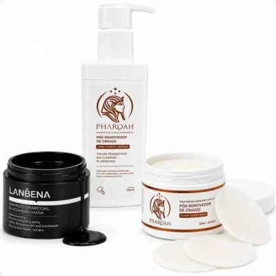 Lanbena Removedor de Cravos Carvão de Bambu 30g + Gel de Limpeza e Pads Faciais com GHKCU Pharoah Pós-Extração de Cravos para Confortar e Melhorar a Aparência Poros – Kit Anticravos Pharoah Pore Reset