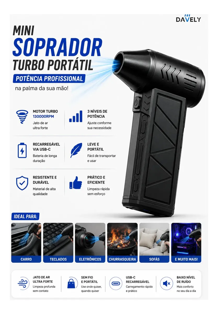 Mini Ventilador Soprador Ar Turbo 130000rpm Davely - vista lateral - foto 2 de 4