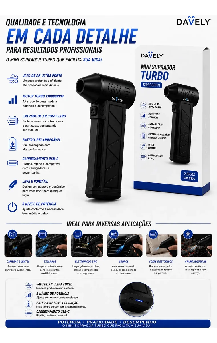 Mini Ventilador Soprador Ar Turbo 130000rpm Davely - detalhes - foto 3 de 4