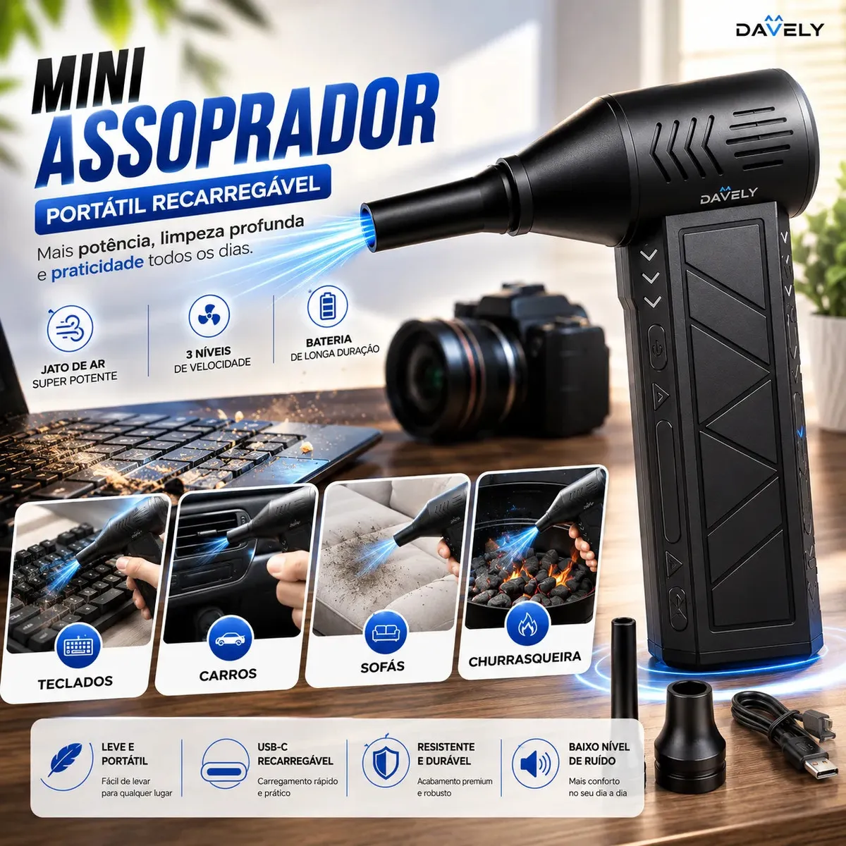 Mini Ventilador Soprador Ar Turbo 130000rpm Assoprador Sem Fio Recarregável USB-C 3 Níveis - Davely Davely4688 Preto