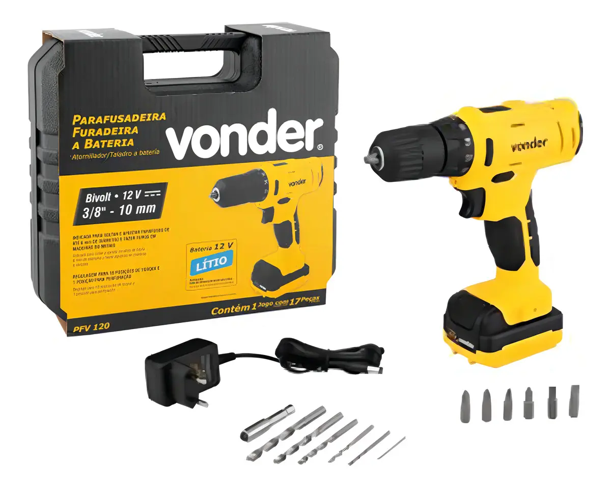 Parafusadeira Furadeira a Bateria Vonder 3/8" 12 V PFV 120 60.01.100.120 - Amarelo