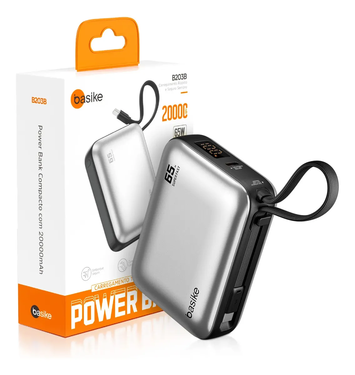 Power Bank Basike 20000mAh para Notebook e Celular com Cabo USB-C 65W - B203B Cinza