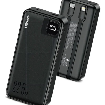 Power Bank Basike 20000mAh Preto, Carga Rápida 22.5W para iPhone e Samsung, Com Cabos Embutidos e Display