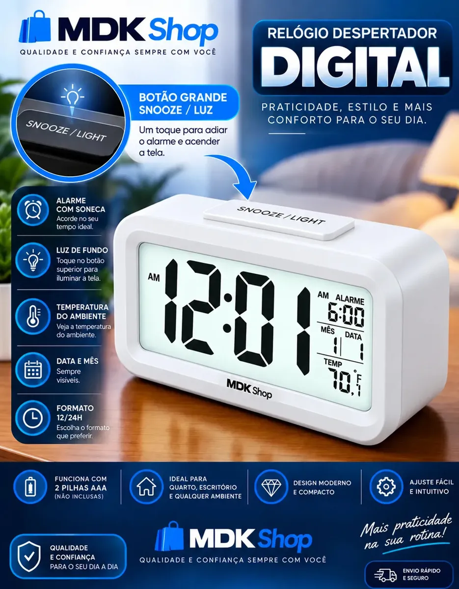 Relógio Digital Mesa Despertador Inteligente Cabeceira Micgeek - vista lateral - foto 2 de 4