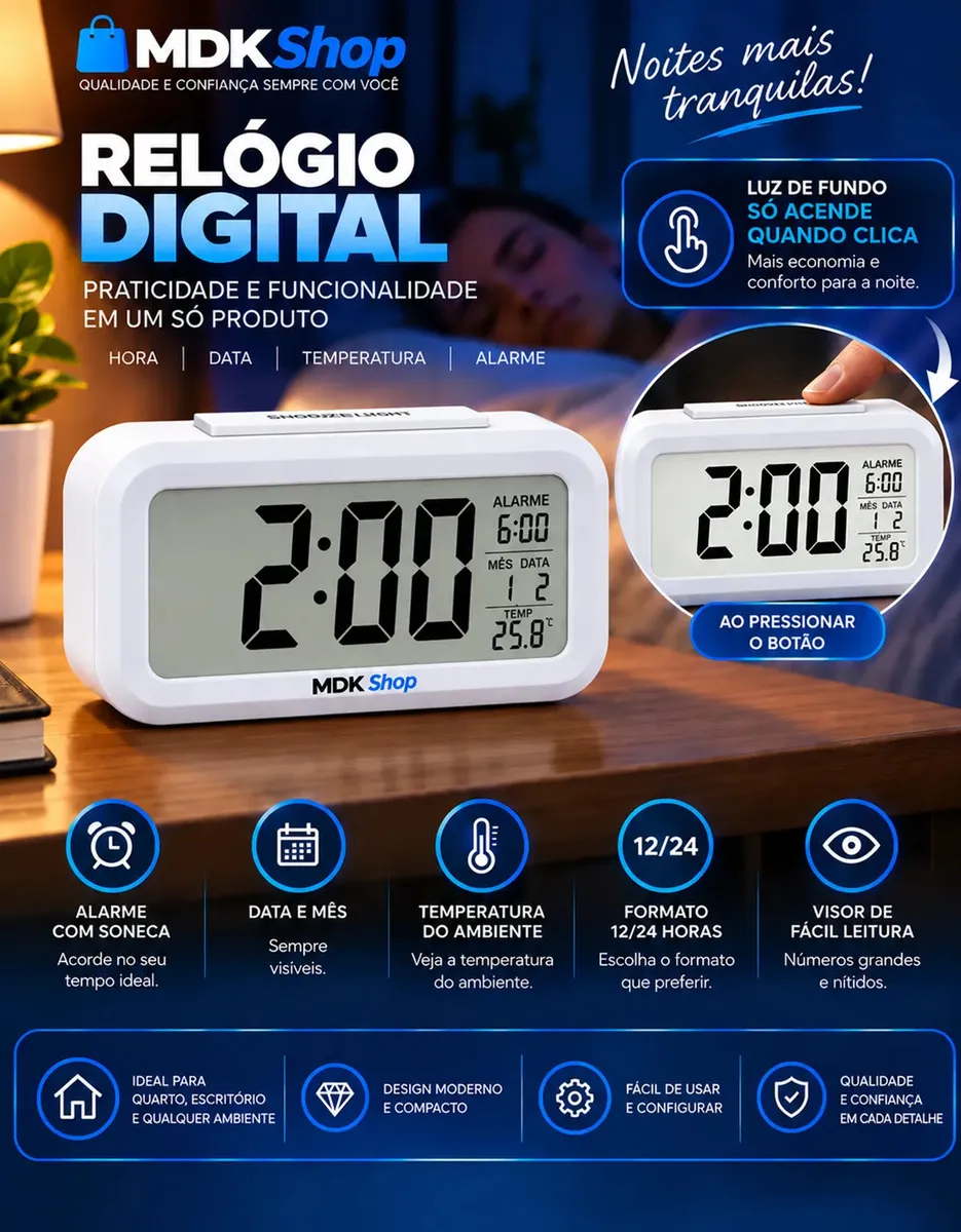 Relógio Digital Mesa Despertador Inteligente Cabeceira Micgeek - detalhes - foto 3 de 4
