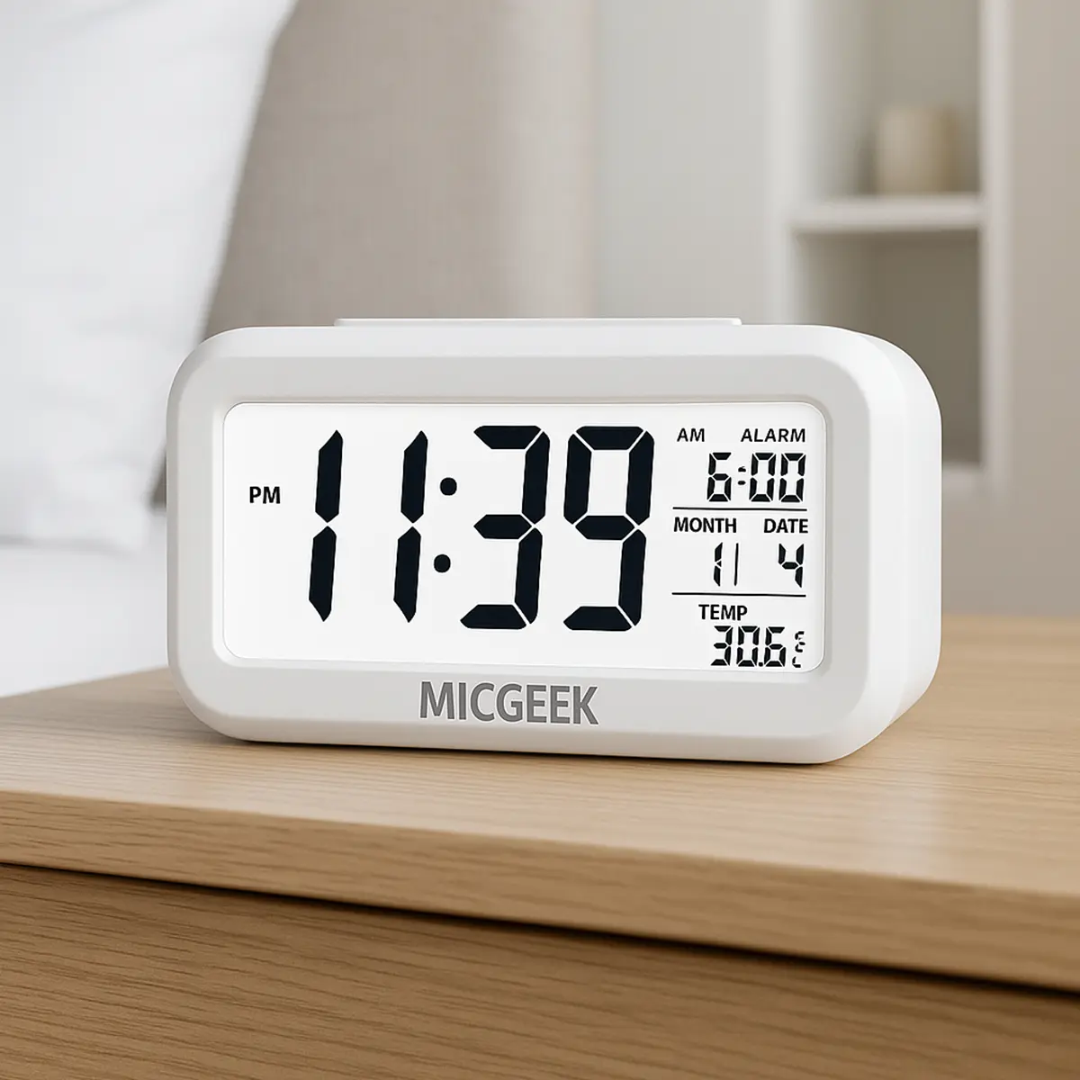 Relógio Digital Mesa Despertador Inteligente Cabeceira Quarto Idoso Com Sensor - Micgeek RELOGIO DIGITAL Branco