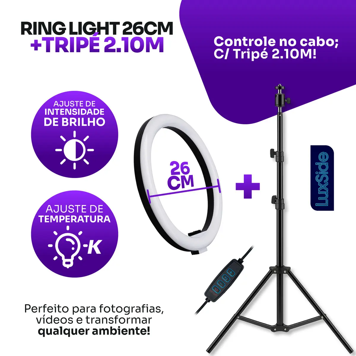Ring Light 10 Polegadas Com Tripé Luxside - detalhes - foto 3 de 4