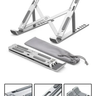 Suporte Para Notebook e Macbook de Alumínio Dobrável Prateado Ajuste de Altura e Inclinação Confortáve Base Antiderrapante Portátil Articulado Reforçado Ergonomico Universal Para 14 a 20 Polegadas