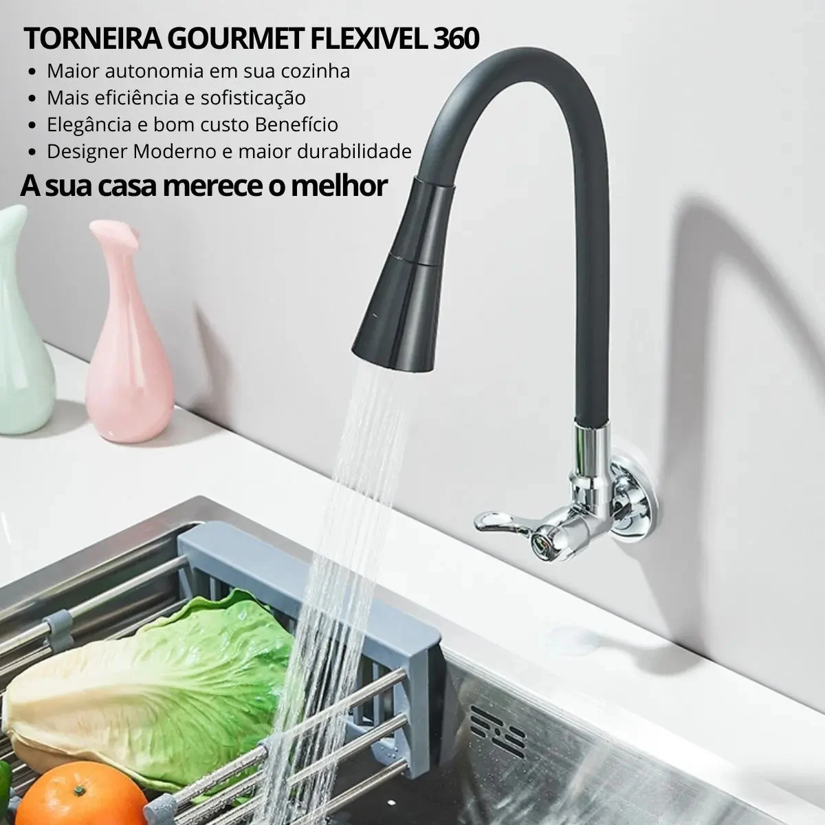 Torneira Gourmet Luxo Flexível Cozinha Parede Camperluz - vista lateral - foto 2 de 4