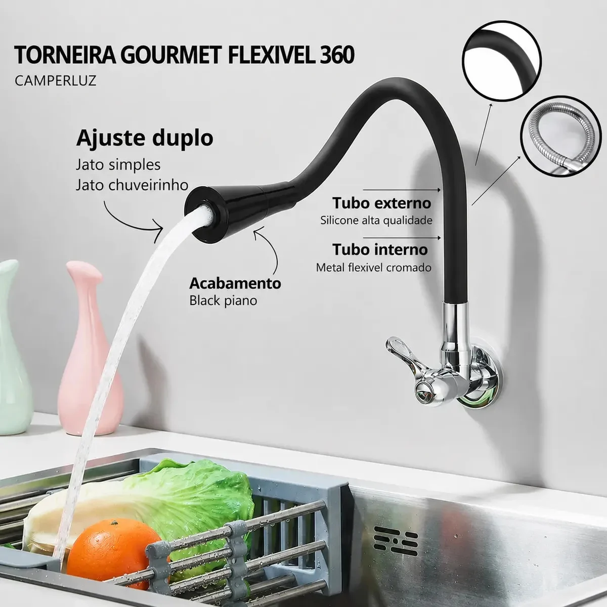 Torneira Gourmet Luxo Flexível Cozinha Parede Camperluz - detalhes - foto 3 de 4