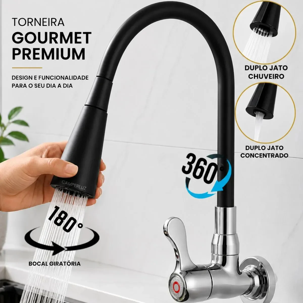 Torneira Gourmet Luxo Flexível Cozinha Parede 2 Jatos Pia Metal Cor Aço Inox e Preto - Camperluz Torneira de Cozinha Preta