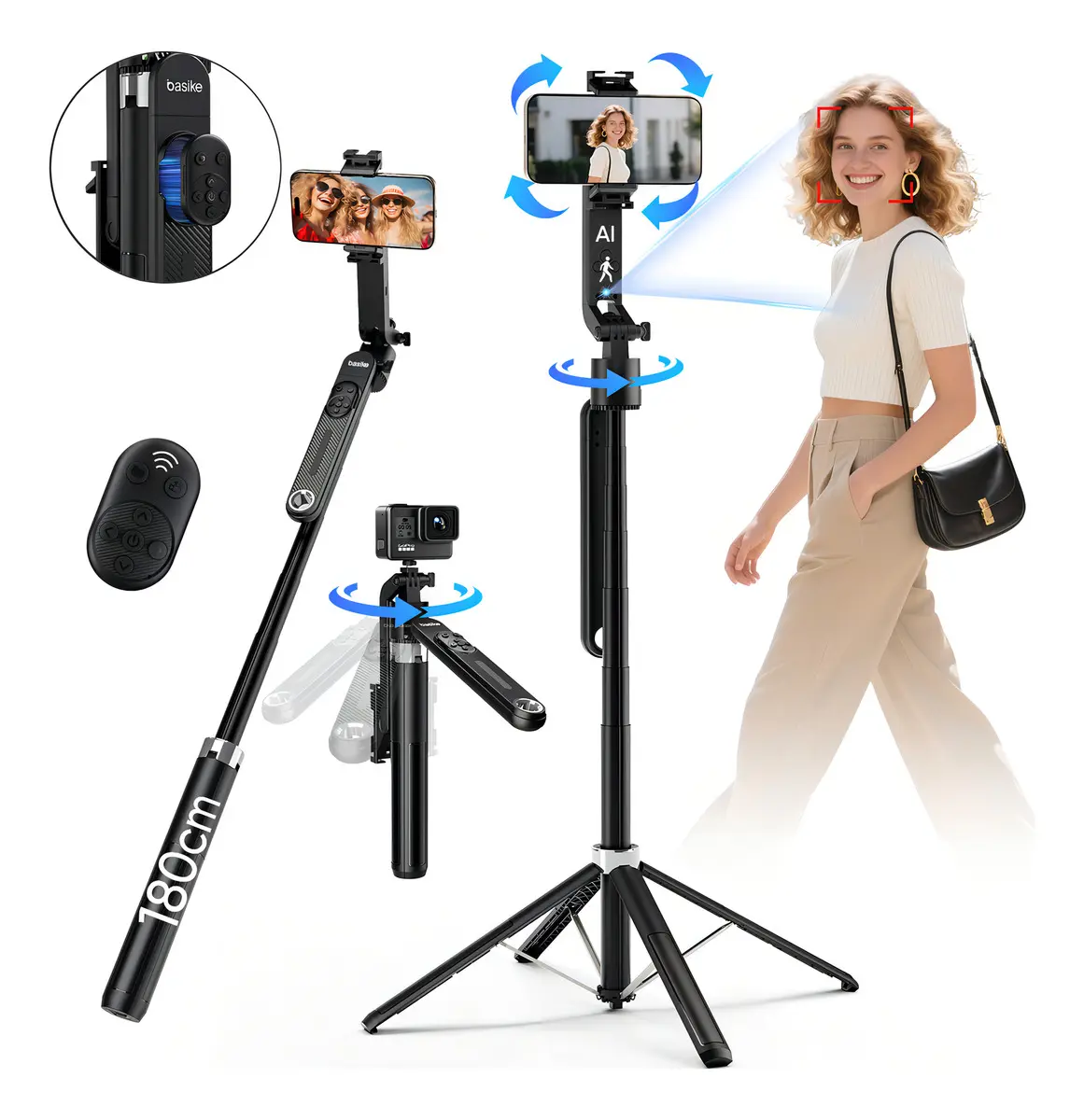 Tripé Para Celular e Câmera Basike 180cm com Rastreamento Facial IA e Controle Bluetooth - tripé celular universal Preto