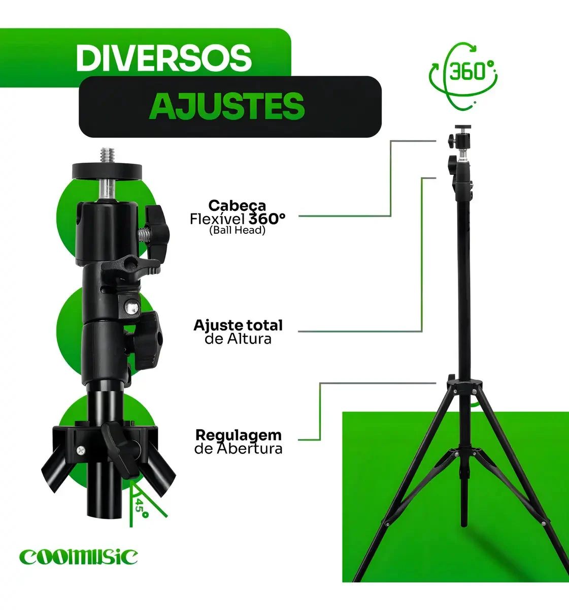 Tripé Profissional Para Celular E Câmera Coolmusic - vista lateral - foto 2 de 4