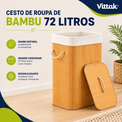 Vittak Cesto De Roupa Bambu 72 Litros Liso Dobrável Retangular Com Tampa E Forro